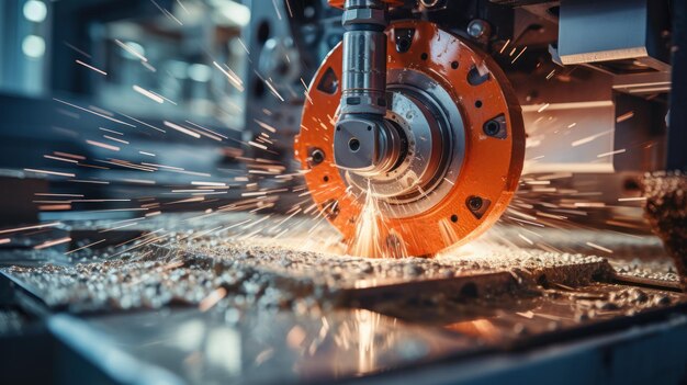 Photo travail en gros plan tour cnc de coupe de métal outils industriels en acier avec éclaboussure