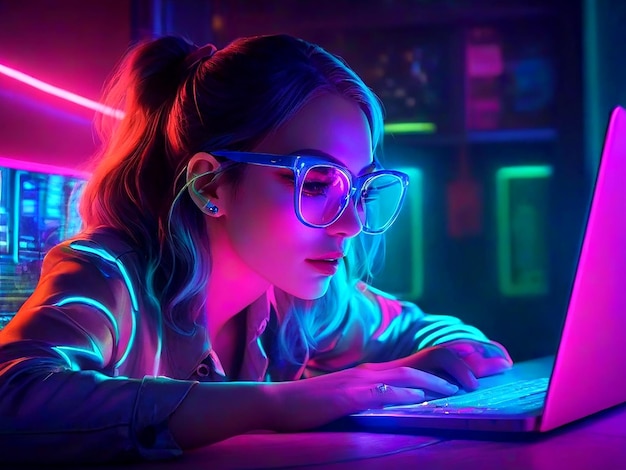 Travail nocturne en ligne Une femme avec des lunettes utilisant un ordinateur portable dans des lumières au néon colorées AI_Generated