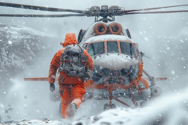 Travail de recherche et de sauvetage dans les montagnes hélicoptère rouge cherche des survivants