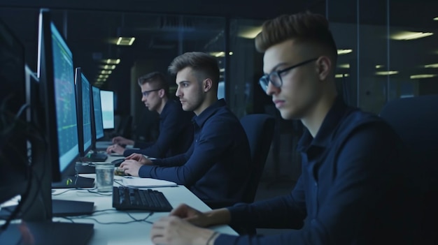 Travaillant à leurs bureaux dans un centre de données sont de jeunes hackers masculins l'IA générative