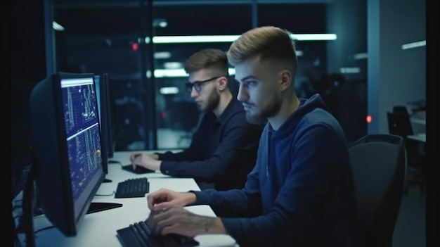 Travaillant à leurs bureaux dans un centre de données sont de jeunes hackers masculins l'IA générative