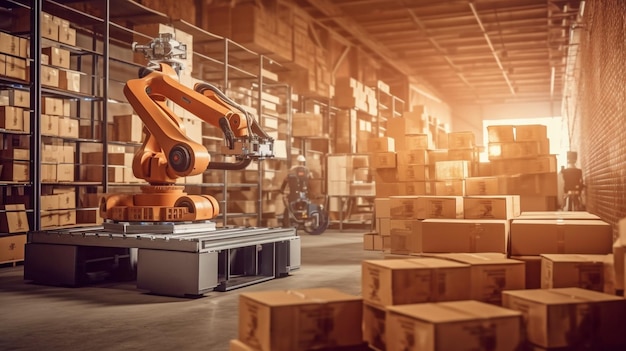 Photo travailler dans un entrepôt est un robot ou cyberg future technology generative ai