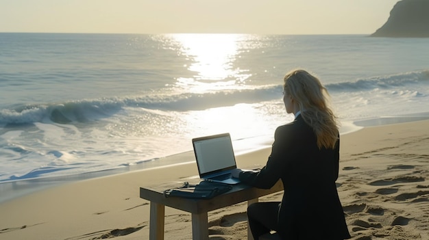 Photo travailler depuis le paradis une femme d'affaires travaillant à distance depuis un bureau au bord de la plage generative ai