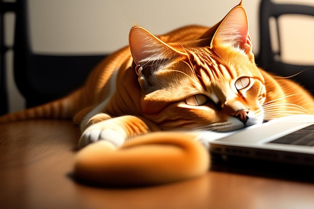 Travailler dur ou travailler à peine Orange Tabby Cat endormi sur un ordinateur portable au bureau