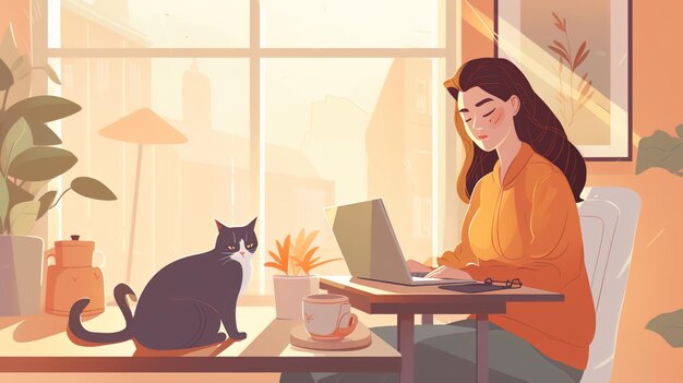 travailler à la maison avec un chat et un style d'art féminin