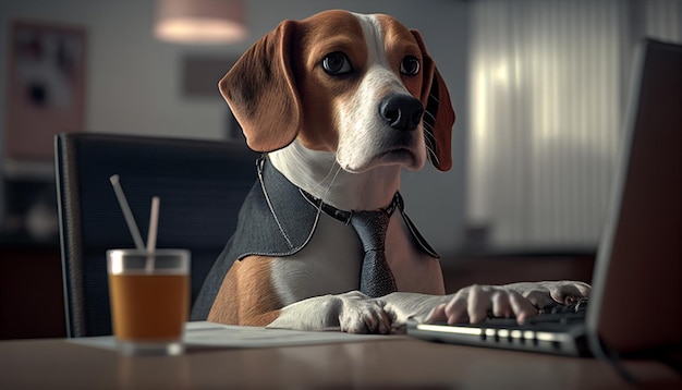 Travailler sur un ordinateur Generative AI un chien beagle dans un costume d'affaires