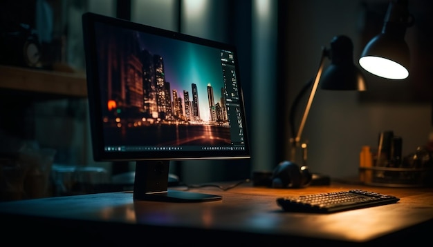 Photo travailler tard dans un bureau moderne éclairé par un ordinateur généré par l'ia