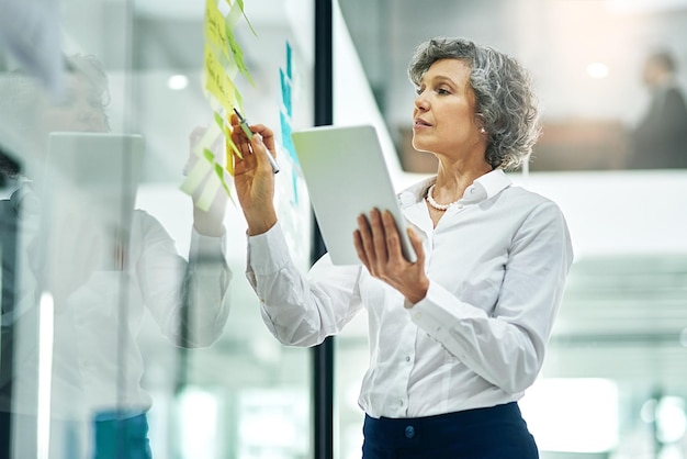 Travailler vers des objectifs de carrière Photo recadrée d'une femme d'affaires mature écrivant des notes sur un mur de verre dans un bureau moderne