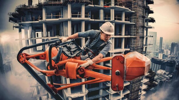 Travailleur asiatique travaillant sur des équipements de construction en hauteur sur un chantier de construction