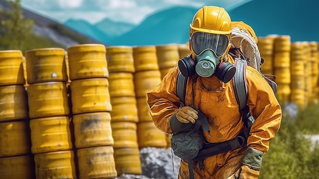 Travailleur chimique transportant des bidons contenant des matières dangereuses générées par IA