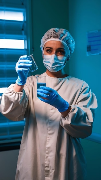 Travailleur clinique vêtu d'une robe blanche et de gants tenant des gobelets de verre avec un liquide bleu