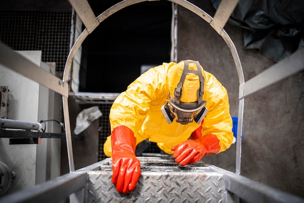 travailleur en combinaison de protection et masque à gaz escalade échelle industrielle en métal à l'intérieur de l'usine de produits chimiques