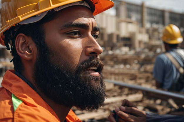 Photo travailleur de la construction avec un casque sur le chantier portant des vêtements de protection