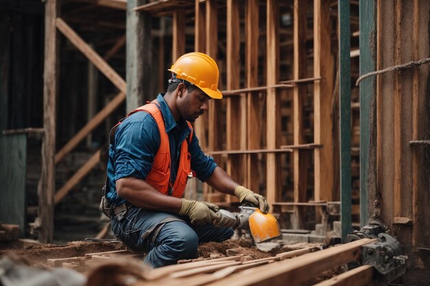 Travailleur de la construction avec un casque sur le chantier portant des vêtements de protection