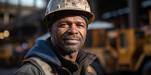 Travailleur de la construction avec un casque de sécurité devant un chantier de construction qui respire la confiance