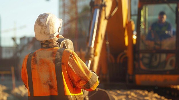 Travailleur de la construction exploitant des équipements lourds Image d'un homme en gilet de sécurité orange et d'un bulldozer