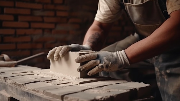 Travailleur de la construction IA générative mettant des briques avec du ciment