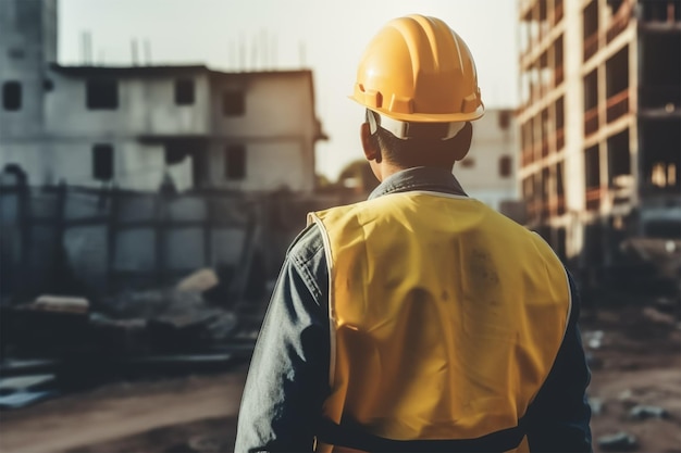 Un travailleur de la construction portant un casque jaune regarde un bâtiment en construction.