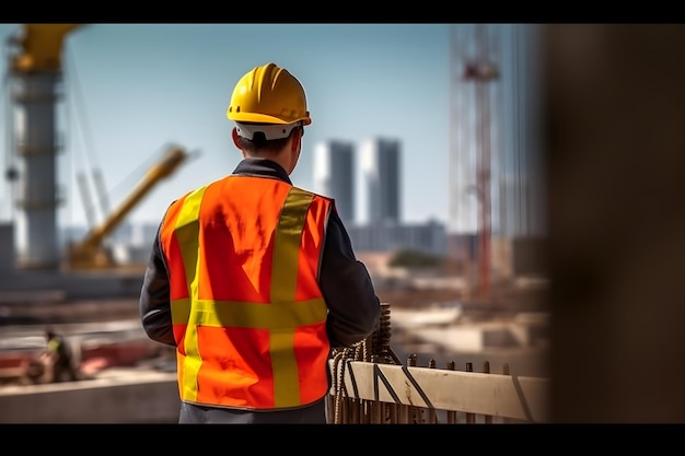 Un travailleur de la construction portant un gilet de sécurité regarde un chantier de construction.