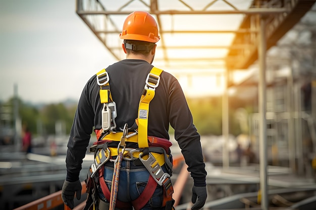 Travailleur de la construction professionnel en équipement de sécurité marchant sur une construction occupée