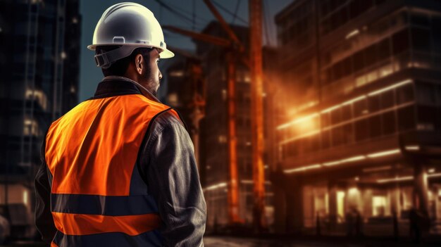 Travailleur de la construction tenant son casque et portant un gilet fluorescent tout en regardant constructi