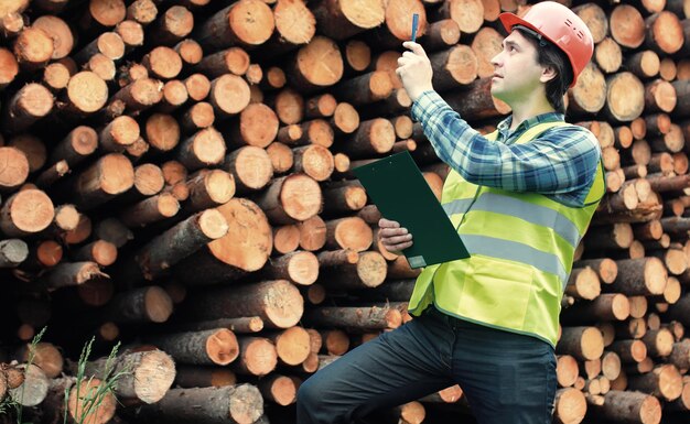 Le travailleur dans le casque compte le bois de construction