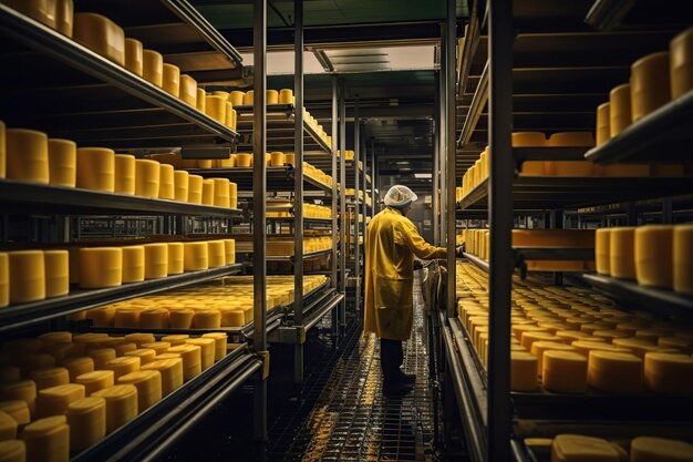 Travailleur dans une fromagerie triant le fromage frais