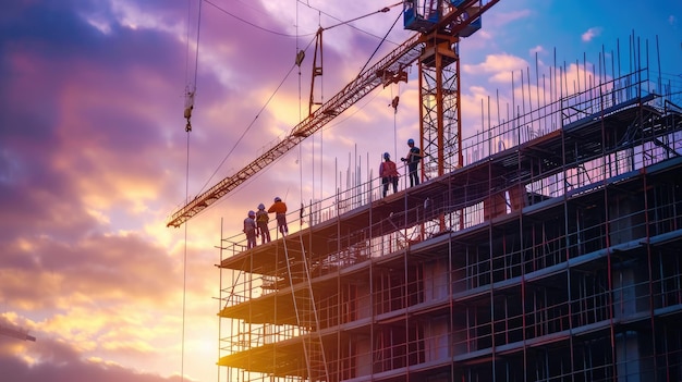 Photo travailleur du bâtiment sur le bâtiment et la grue