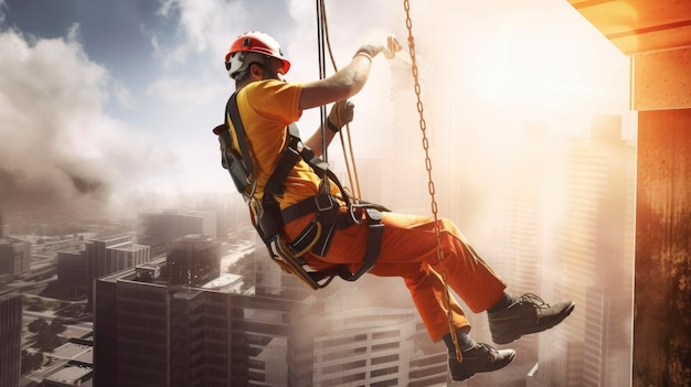 Travailleur du bâtiment tombant d'une hauteur de sous le chantier de construction b