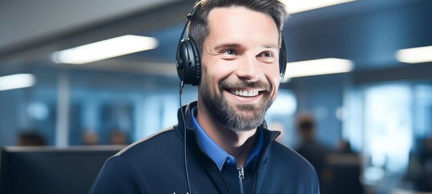 Photo travailleur du centre d'appels fabriquant des écouteurs au bureau