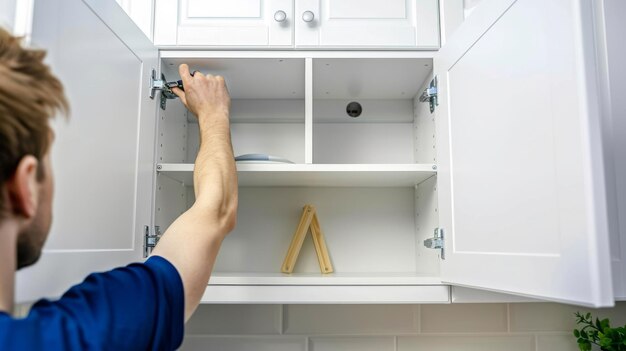 travailleur du service d'assemblage de meubles installant des portes d'armoire