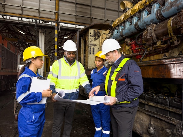 Travailleur d'équipe ingénieur de l'industrie enseignant aider un ami à utiliser une machine lourde de contrôle en usine