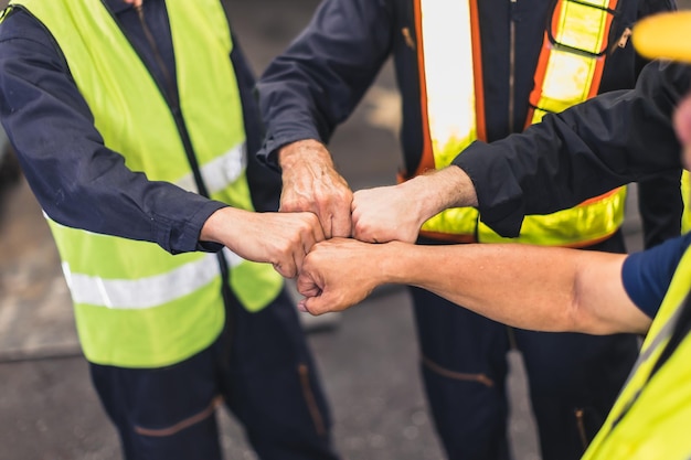 Travailleur d'équipe d'ingénieurs constructeur main se cogner ensemble pour une main-d'œuvre coopérative de travail d'équipe solide