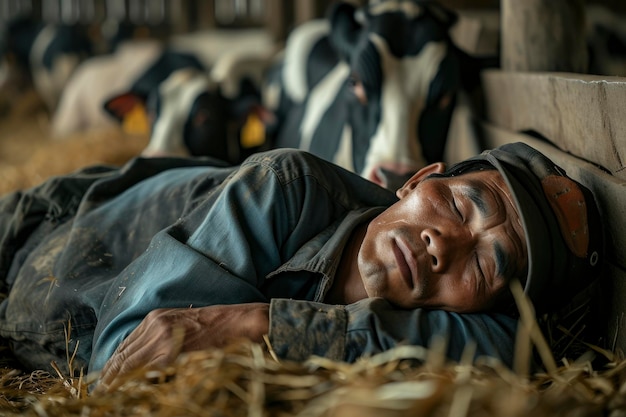 Photo le travailleur est allongé tandis que ses vaches sont dans une grange