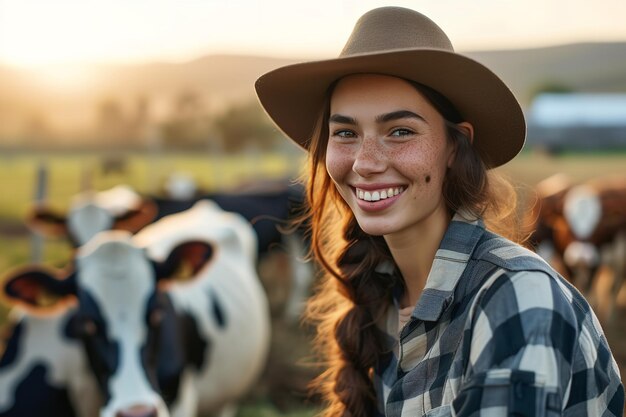 Travailleur d'une ferme laitière jovial et rayonnant avec un ensemble de vaches avec un grand espace de copie IA générative