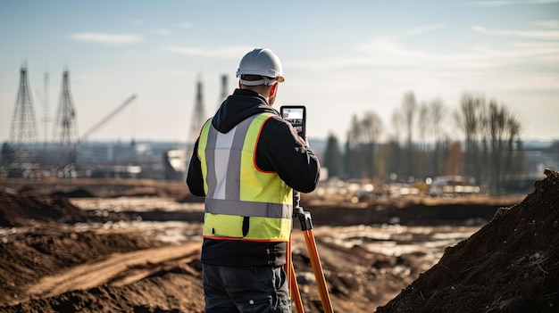 un travailleur en gilet de sécurité et casque utilise un instrument d'arpentage pour mesurer une construction