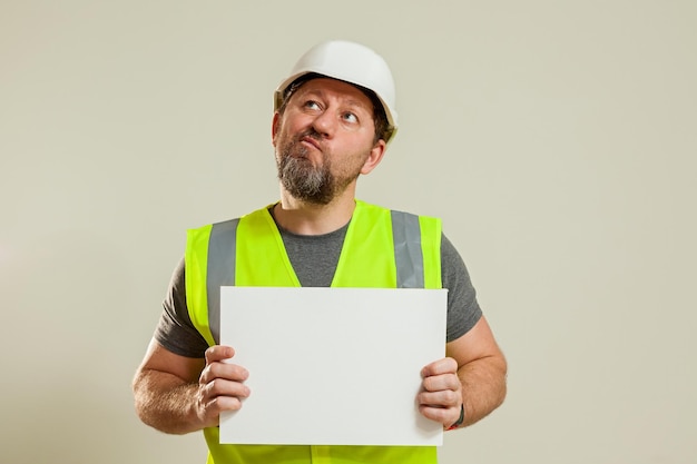 Travailleur homme dans un gilet et un chapeau de casque de construction blanc avec une feuille blanche dans ses mains sur un blanc