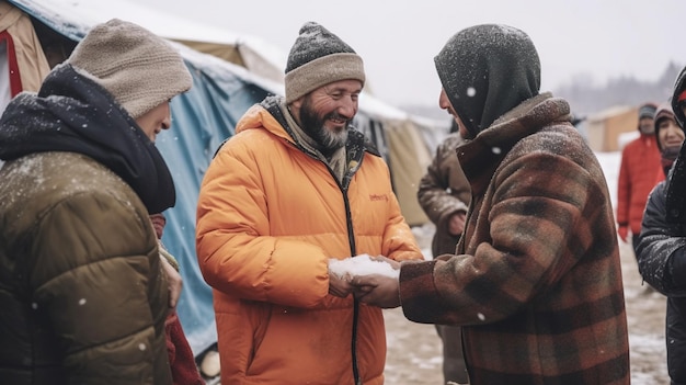 Un travailleur humanitaire distribuant des couvertures chaudes et des produits d'hiver essentiels aux personnes dans un camp de réfugiés d