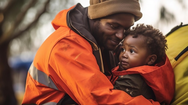 Un travailleur humanitaire offrant du réconfort et du soutien à un enfant réfugié en leur donnant un sentiment de sécurité