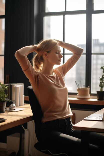 Photo un travailleur indépendant fatigué s'étirant à son bureau assis dans son bureau à la maison