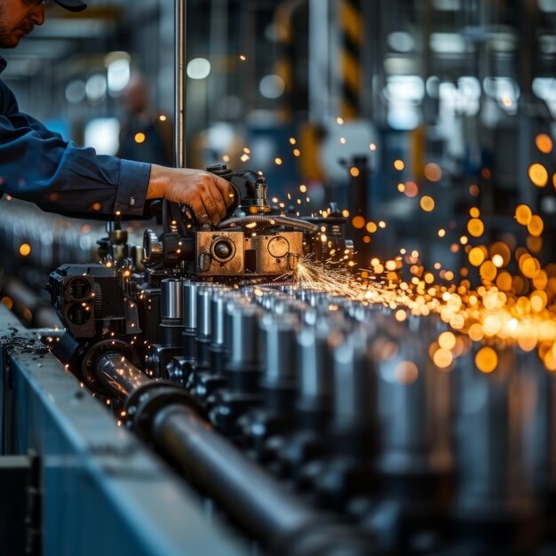 Travailleur industriel en équipement de protection utilisant des machines pour couper le métal en usine