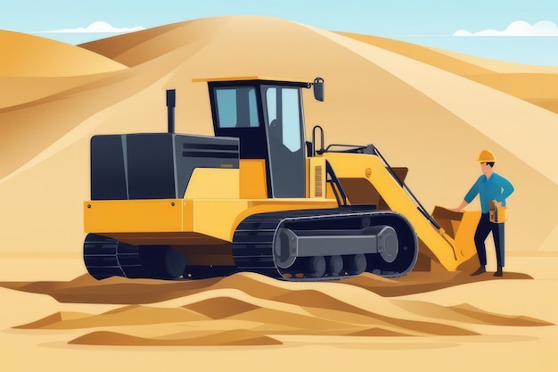 Travailleur industriel exploitant un chargeur d'excavatrice dans le sable