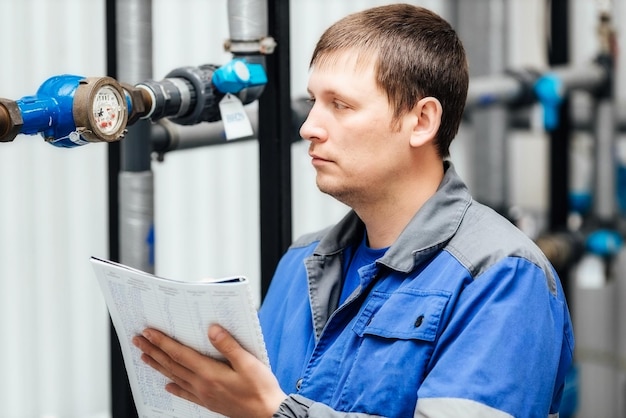 Un travailleur ingénieur enregistre les lectures des capteurs et des manomètres Contrôle de l'approvisionnement en eau et du système de chauffage