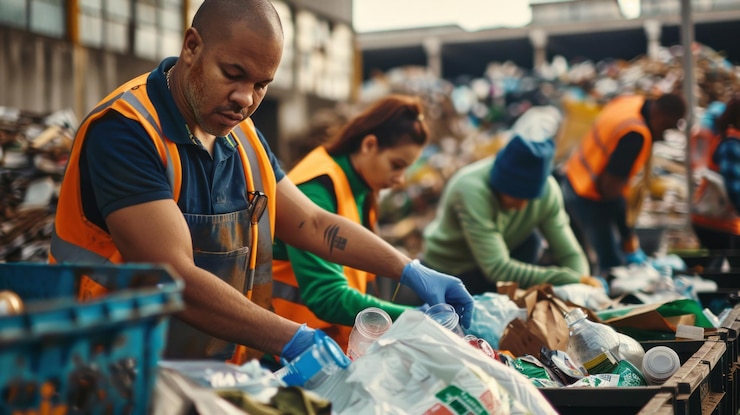 Photo travailleur d'une installation internationale de tri des déchets en équipement de protection