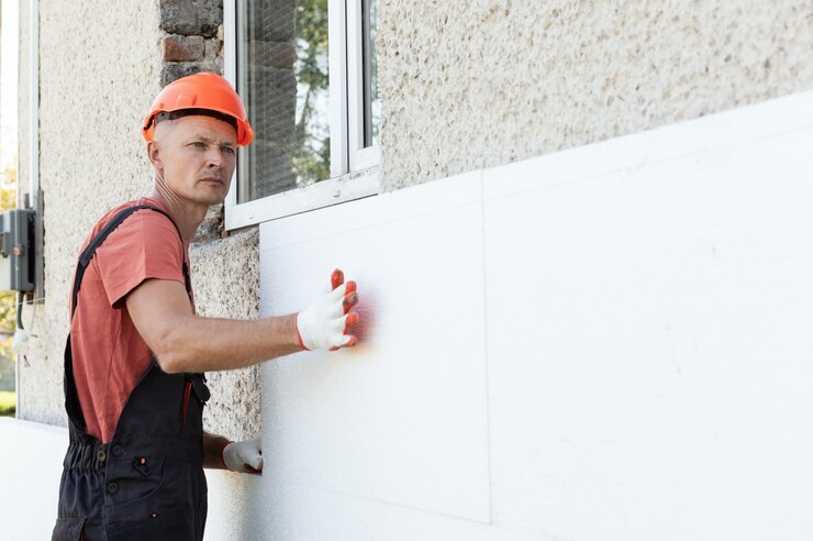 Le travailleur installe un panneau de polystyrène sur la façade