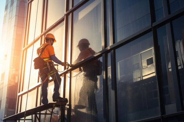 Travailleur lavant les fenêtres dans le gratte-ciel de l'immeuble de bureaux