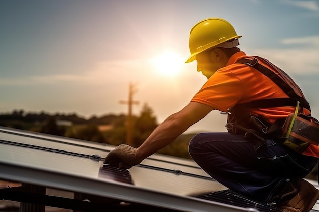 Travailleur lors d'un coucher de soleil Ingénieur et panneau solaire dans la construction pour l'électricité d'énergie renouvelable ou