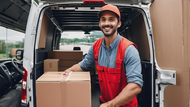 Un travailleur manuel heureux coopère en transportant des boîtes de carton dans un camion de livraison