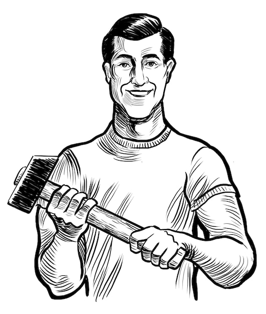 Photo travailleur avec un marteau illustration en noir et blanc dessinée à la main
