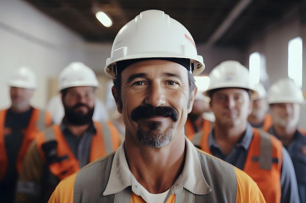 travailleur masculin de l'entrepreneur en bâtiment portant un casque d'équipement de sécurité avec fond de site de construction